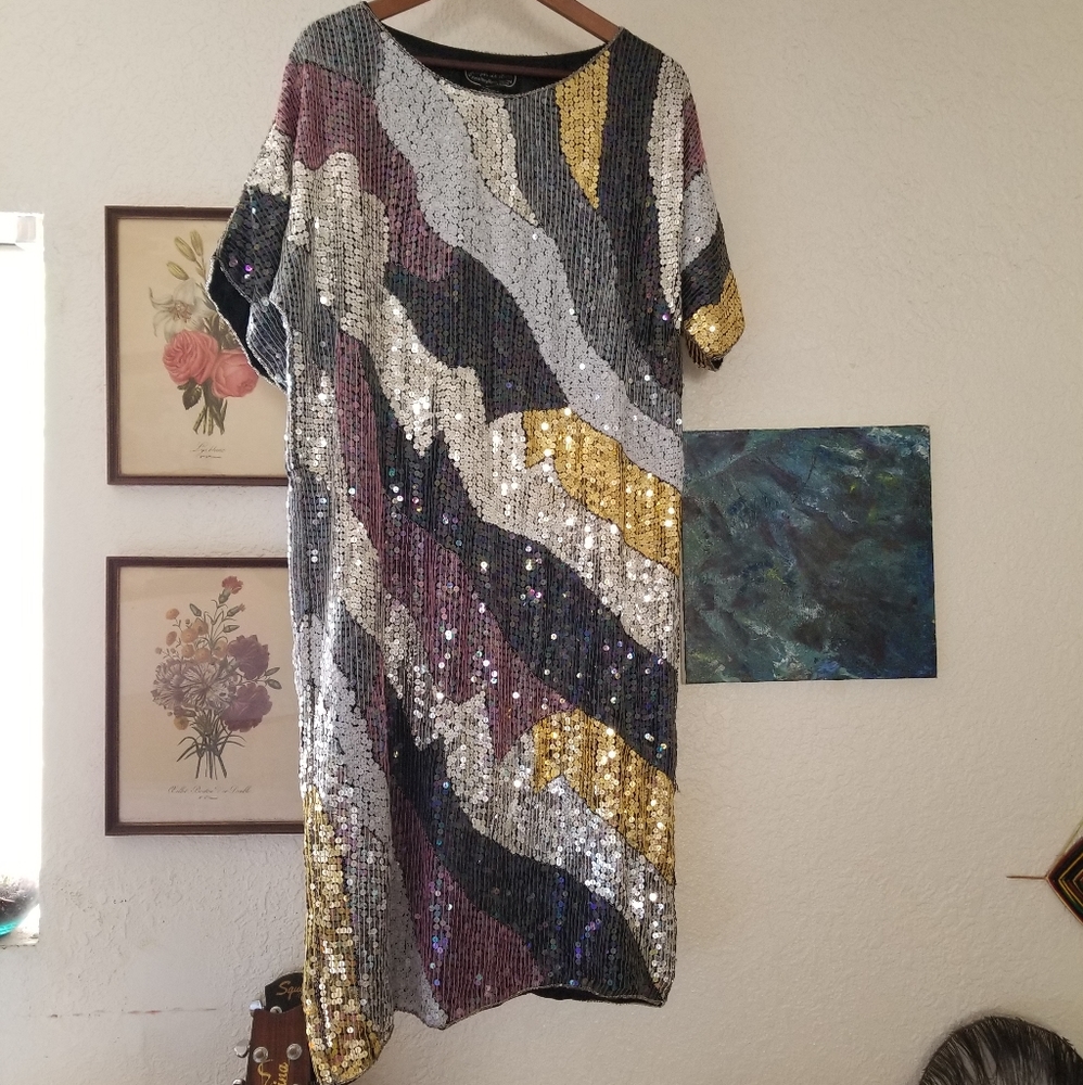 Abstract sequin silk shift dress